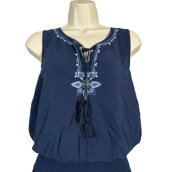J Jill Halter Dress Navy Blue Embroidered Trim Keyhole Sleeveless Spring - M - Picture 3 of 9